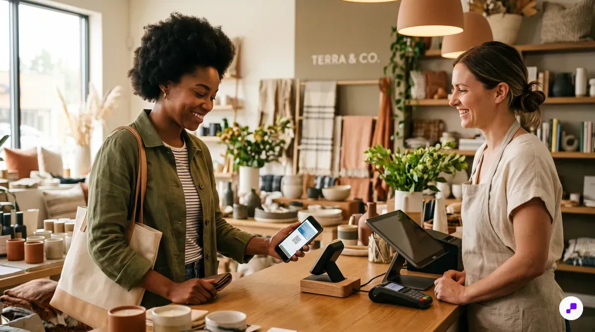 Customer scanning digital loyalty card at checkout counter