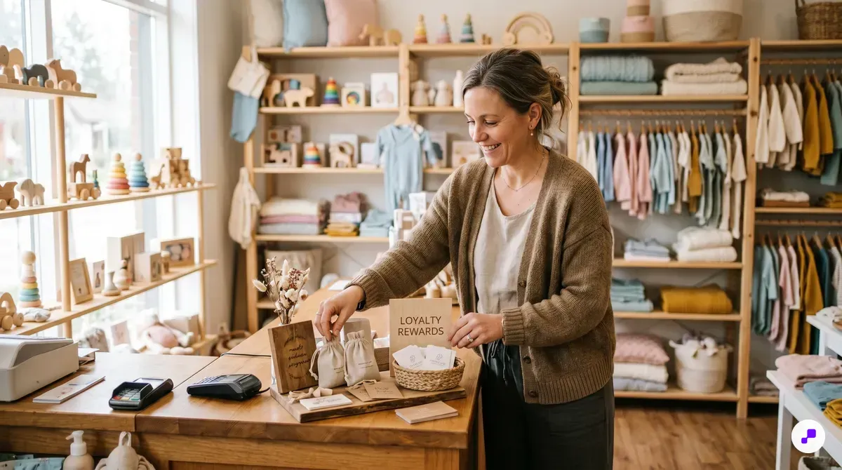 Beauty store merchant organizing loyalty rewards at skincare counter