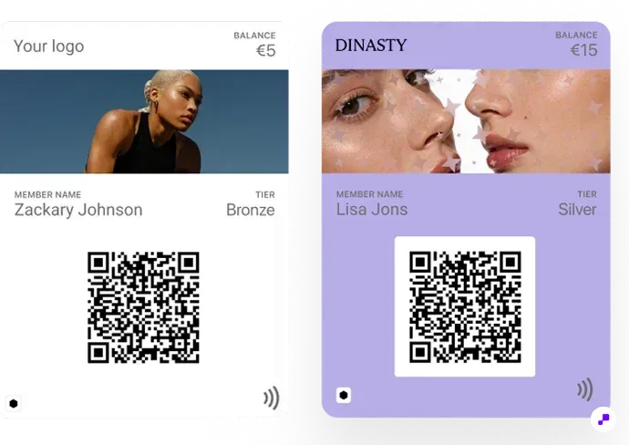 Two branded Apple Wallet loyalty cards with custom designs, member names, tier badges, and QR codes for POS scanning