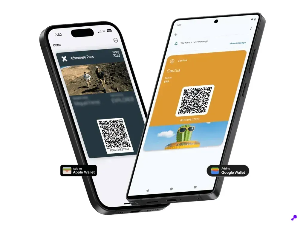 Apple Wallet and Google Wallet loyalty cards side by side on iPhone and Android with QR codes for scanning