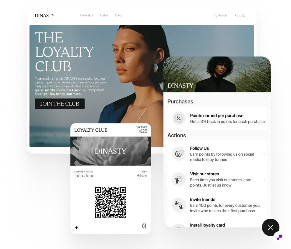 JeriCommerce loyalty club page with wallet pass, QR code enrollment, points earning rules, and customer actions for Shopify store