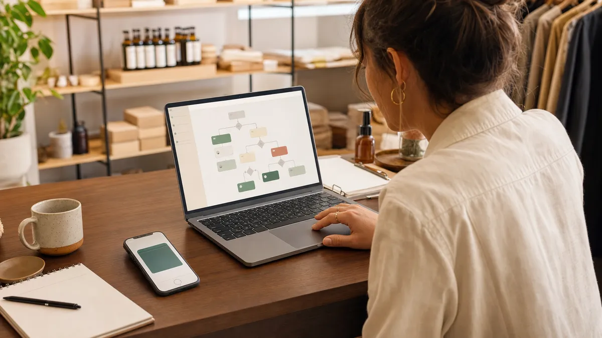 Marketer building Klaviyo loyalty flow examples on laptop
