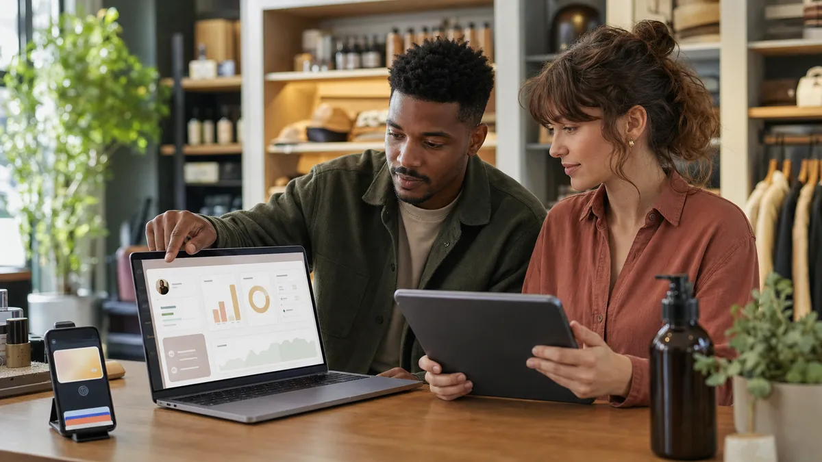 Shopify team reviewing Klaviyo loyalty integration data at boutique counter