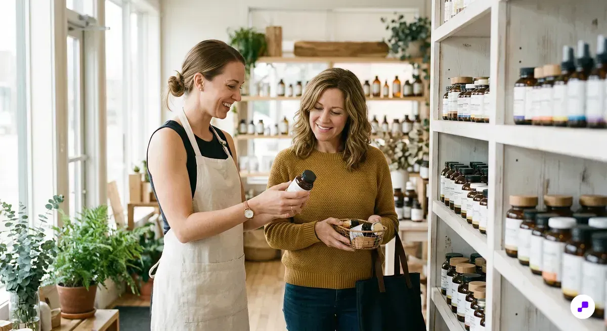 Home decor store owner arranging curated loyalty rewards display on wooden shelf