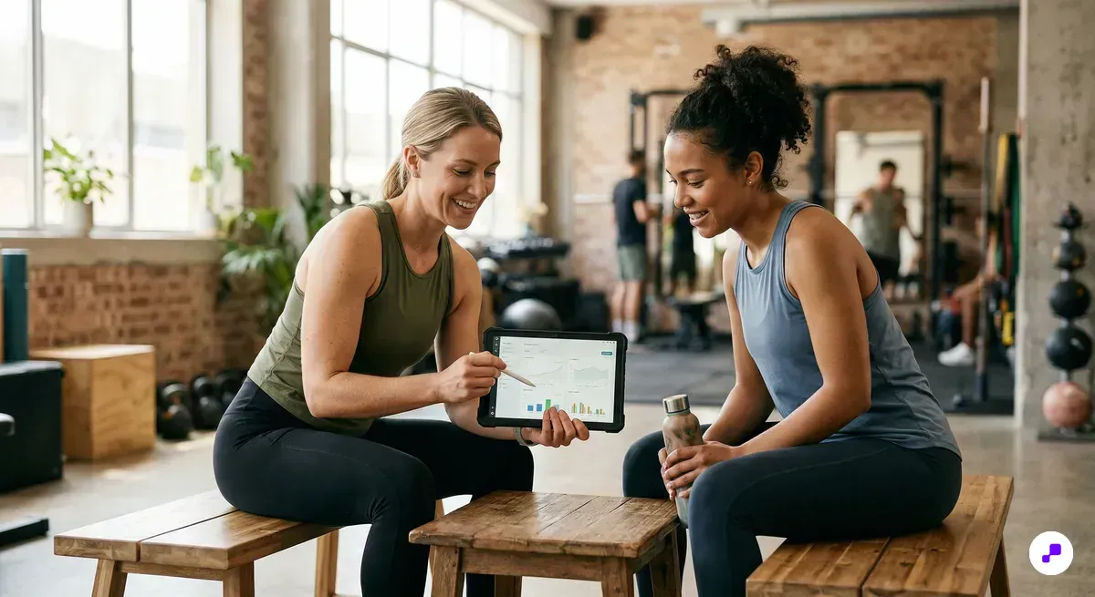 Personal trainer reviewing client progress on tablet in modern fitness studio
