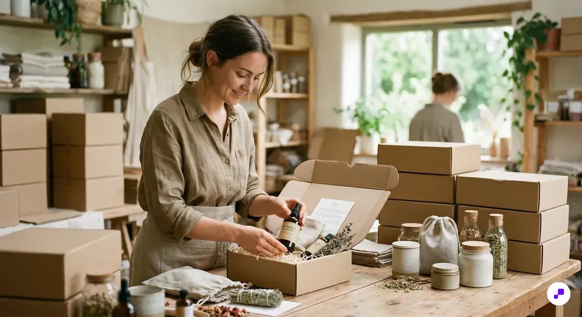Wellness brand team member packing subscription orders in bright fulfillment space