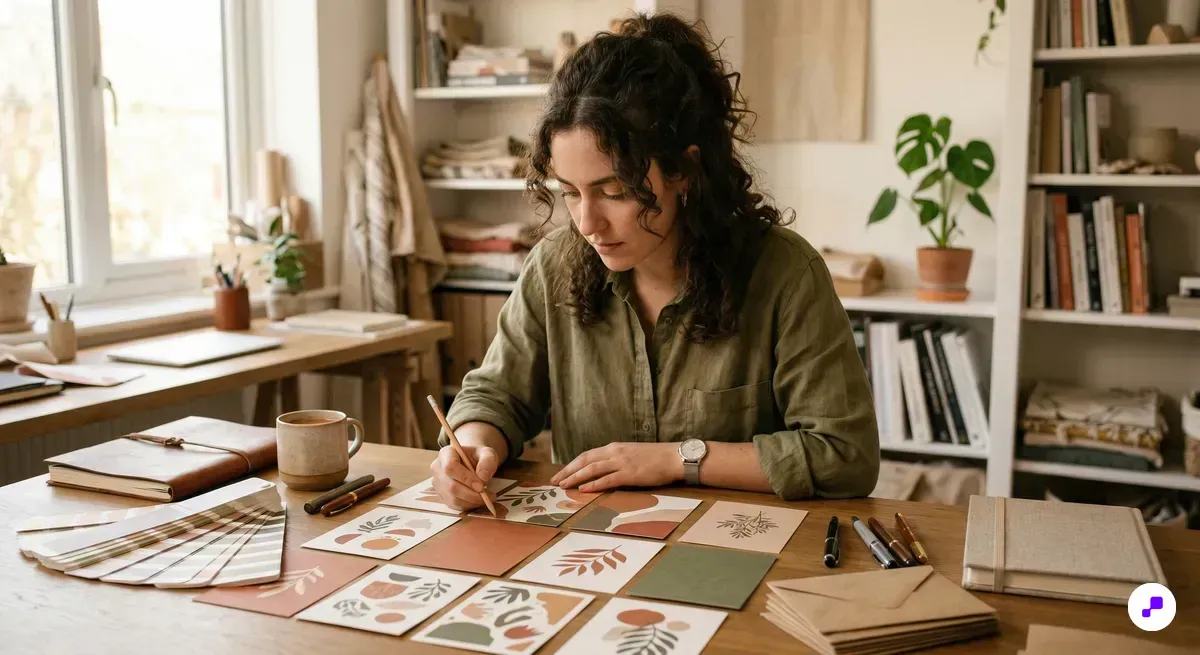 Graphic designer reviewing printed loyalty card mockups at creative studio desk