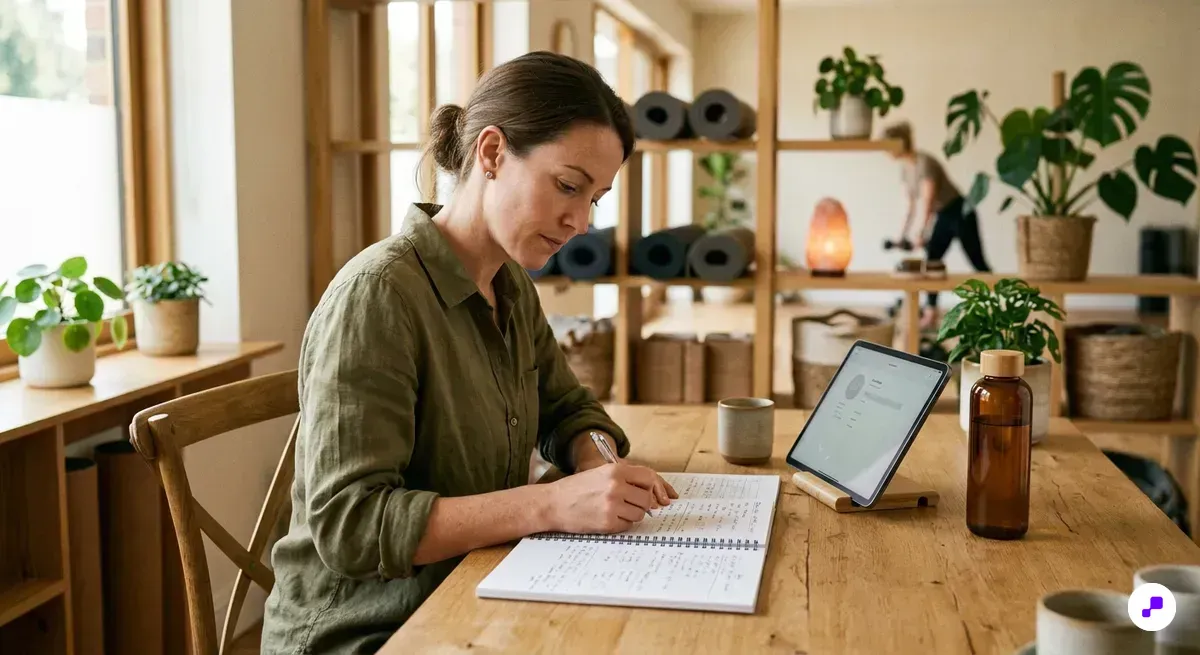 Personal trainer reviewing client progress notes at wooden desk in wellness studio