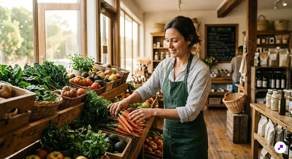 Health food store owner arranging organic produce on wooden shelves in morning light
