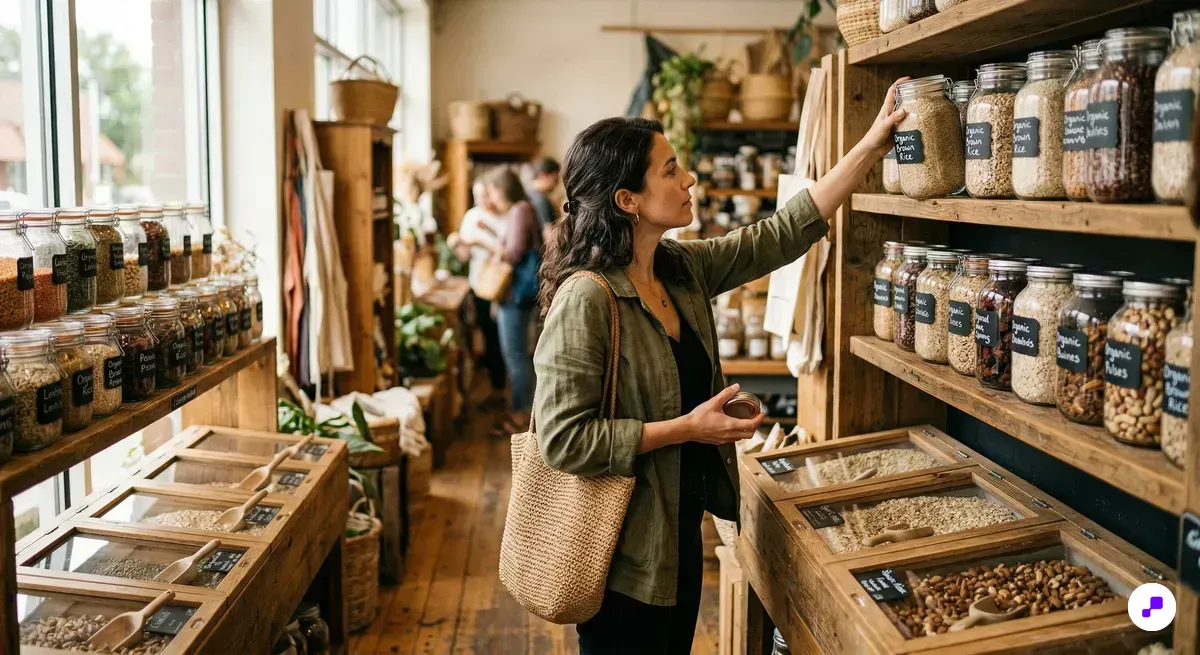 Customer browsing bulk bins at an organic grocery store reaching for a jar on a wooden shelf