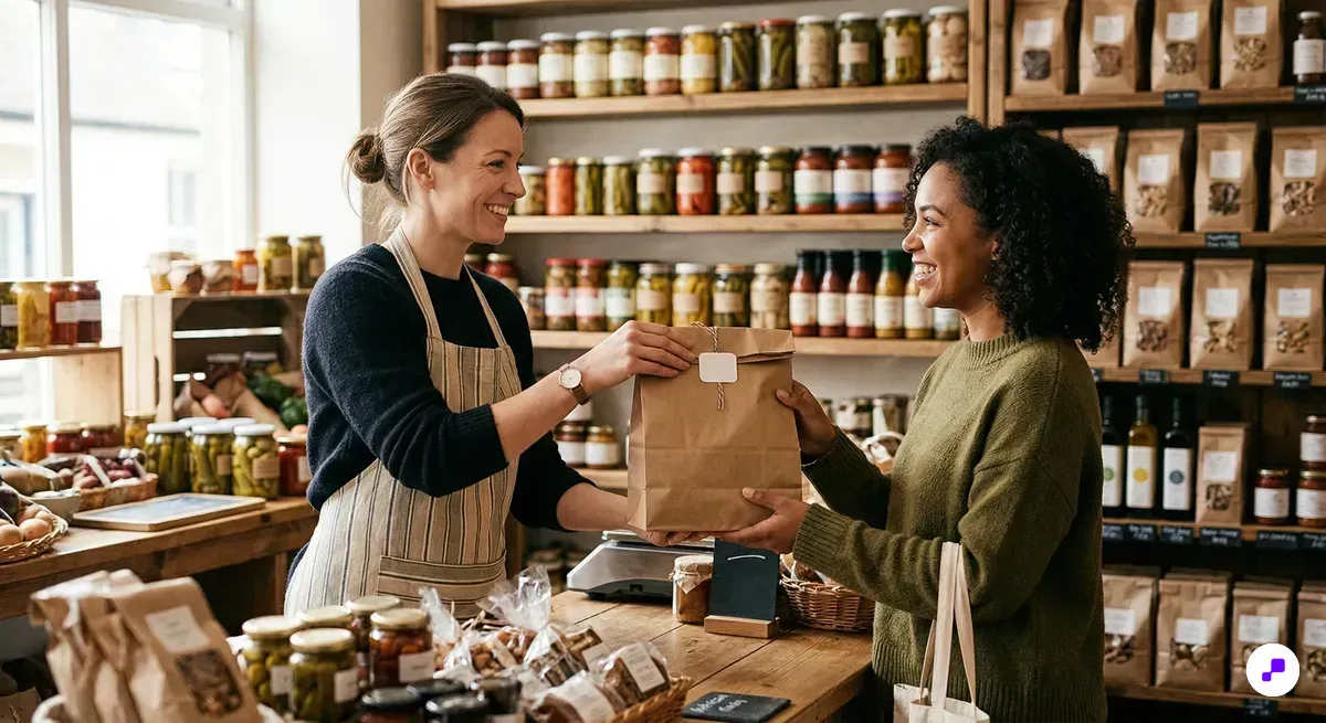 Wellness store employee organizing supplement bottles on a clean white shelf with natural window light