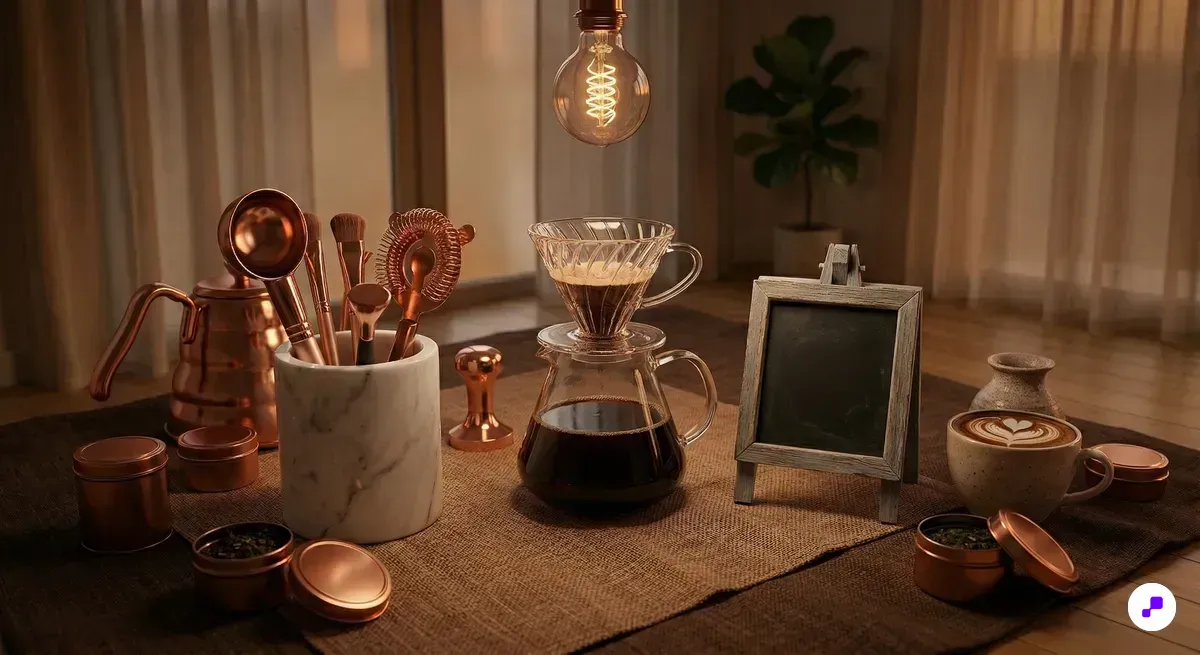 Artisan coffee shop counter with pour-over carafe and loose leaf tea tins under warm Edison bulb lighting