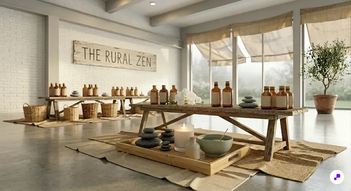 Serene wellness reception area with towels, river stones, and essential oils in ivory palette