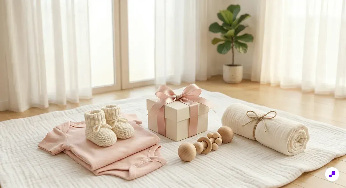 Premium baby gift flat lay with knitted booties and wooden toys on a delicate muslin blanket in soft overhead light